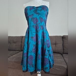 H&M Strapless Teal Dress with Purple Floral Print